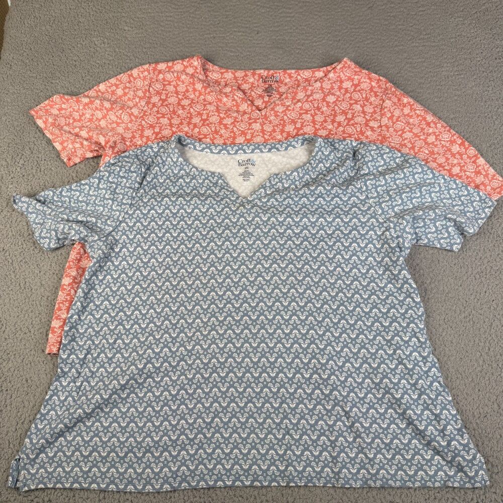 Lot OF‎ 2 CROFT & BARROW Tops Womens XXL Blue Coral Floral Cotton Knit V Neck